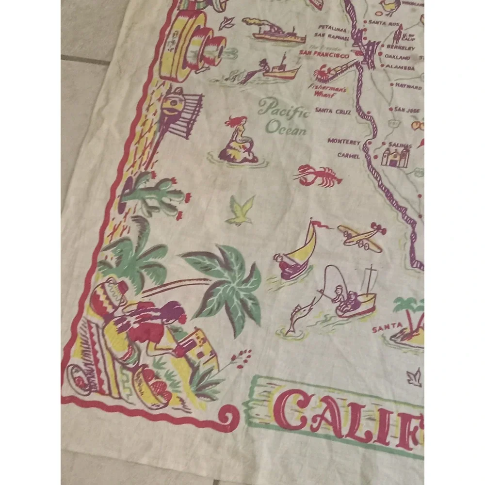 Vintage Sayers California State Map Souvenir Tablecloth Retro MCM Linen Blend